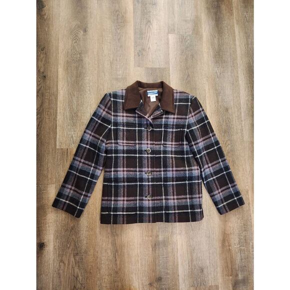 Pendelton Womens size 6 Jacket 100% Wool Plaid brown red button up pockets - Picture 1 of 7